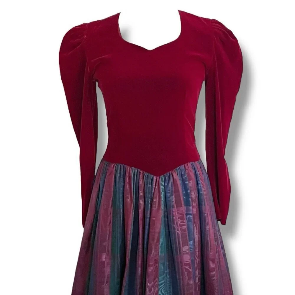 Vintage 1980s Nuit Womens Dress Sz 2 Petite Burgundy Velvet Puff Sleeve Midi - Picture 3 of 13